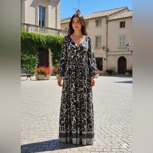 Chic Black and White Floral Long Sleeve Dress